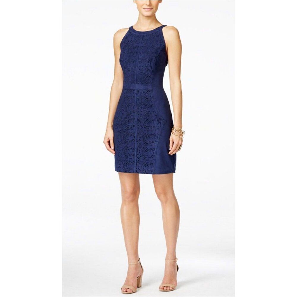 VAKKO x International Concepts Women 16 Navy Laser Cut Suede Sheath Dress <3